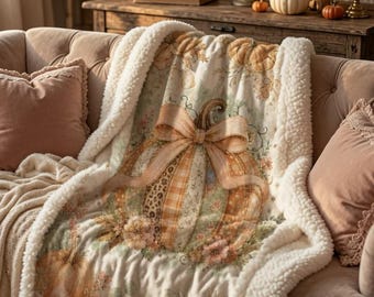 Coquette Pumpkin Blanket with Bow & Flowers, Pink Fall Sherpa Fleece Blanket, Cute Autumn Cottagecore Decor, Girly Halloween Cozy Blanket