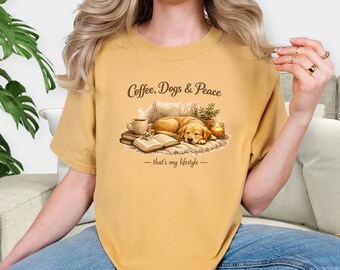 Coffee Dogs and Peace Shirt, Golden Retriever Shirt, Dog Mom Tee, Coffee Lover Gift, Golden Retriever Mom, Dog Lover Shirt, Dog Graphic Tee