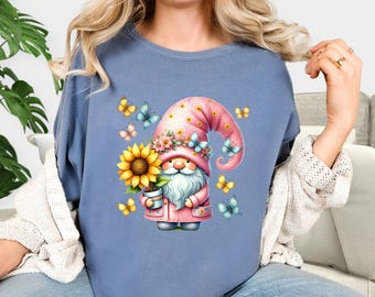 Gnome Butterfly and Flowers Shirt, Vintage Trendy Comfort Colors Tee, Cottagecore Coquette Shirt, Whimsical Summer Shirt, Cute Gift for Mom