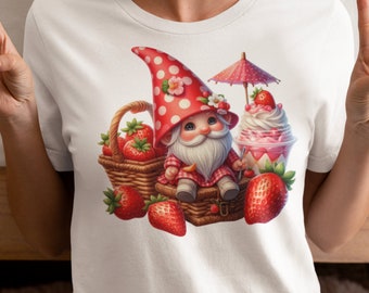 Gnome With Strawberries Shirt, V-Neck, Sweatshirt or Racerback Tank Top, Best Friend, Funny Birthday Shirt, Garden Gnome,Gifts for Gardeners
