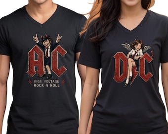 AC Rock V Neck Shirt for Men, Men's Devil Graphic Tee, Rock Music Shirt, Classic Rock Inspired V Neck, Concert Shirt, Rocker Gift