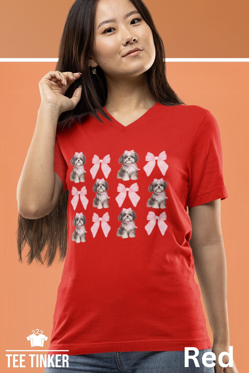 Show off your love for Shih Tzus with this adorable "Shih Tzu with Pink Bows" design! Available in T-Shirt, V-Neck, or Sweatshirt, this cute and playful graphic is perfect for Shih Tzu lovers who want to add a touch of sweetness to their wardrobe.