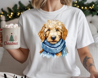 ゴールデンドゥードルのクリスマスシャツ、ドゥードルママのシャツ、コンフォートカラーのTシャツ、犬好きへのギフト、クリスマススウェットシャツ、ホリデー犬シャツ、犬の顔のシャツ