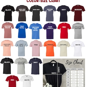 May include: Color chart for Bella Canvas 3001/3005 unisex adult shirts. The chart displays various shirt colors, including black, navy, red, and white. A size chart is also included, showing measurements in inches for sizes XS to 4XL.