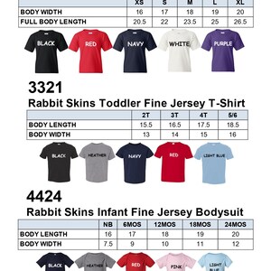 May include: Image showcasing a variety of t-shirts and bodysuits in different colors and sizes. The image includes Gildan Youth Heavy Cotton T-shirts, Rabbit Skins Toddler Fine Jersey T-shirts, and Rabbit Skins Infant Fine Jersey Bodysuits. Colors include black, red, navy, white, purple, heather, light blue, and pink.