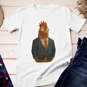 Funny Chicken in Suit Shirt – Rooster Graphic Tee, Quirky Animal Art T-Shirt, Novelty Gift for Men & Women, Farmer Humor Tee