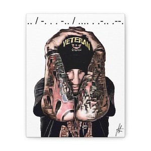 May include: A man with tattoos on his arms is wearing a black baseball cap with the word "Veteran" in yellow letters. He is holding his arms in front of his face.