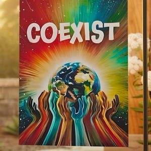 May include: A rectangular garden flag featuring the word COEXIST in bold white letters at the top. Below the text, a stylized globe is held by multiple hands in various skin tones, set against a vibrant, radiating rainbow-colored background.