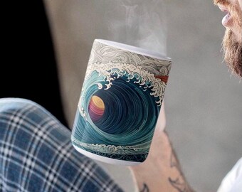 Oceanic Dream 15oz Mug - Majestic Wave Art, Art Nouveau, Art Deco, Tranquil Sea, Deep Blue Ocean, Coffee Cup Mug 15oz