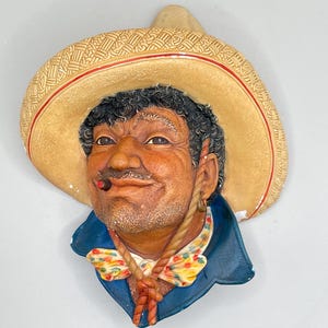 Vintage Bossons &quot;Pancho&quot; Chalkware Head - Mexican Revolutionary Leader, Collectable Wall Art