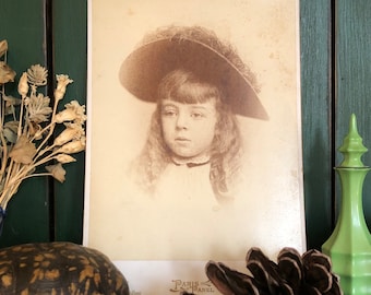 Antique Large Oversized Cabinet Card Little Girl in Feathered Hat Victorian Photograph
