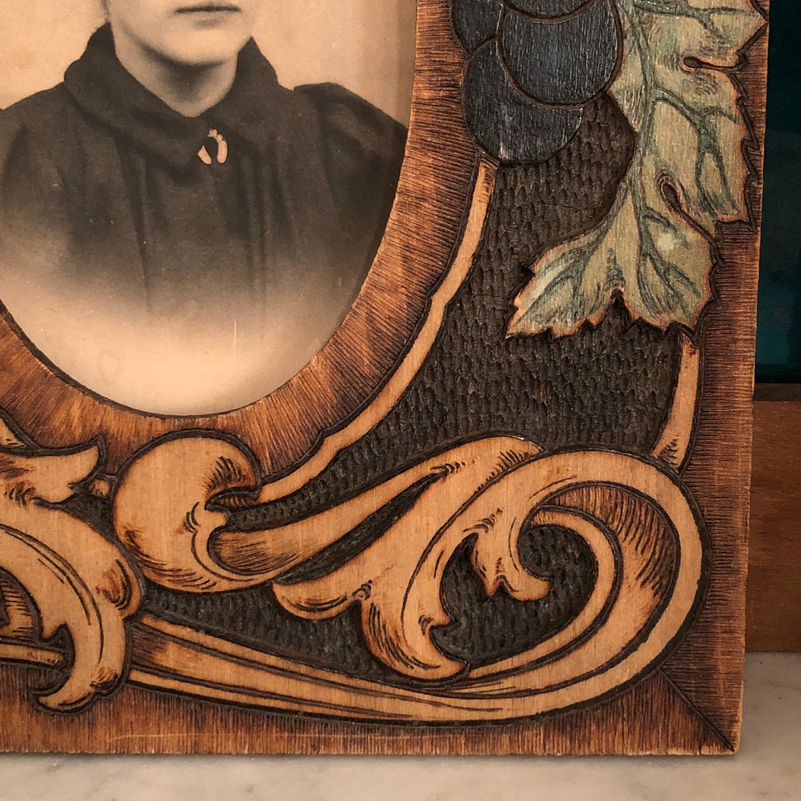 Antique 1890s Art Nouveau Era Pyrography Flemish Art Frame With ...