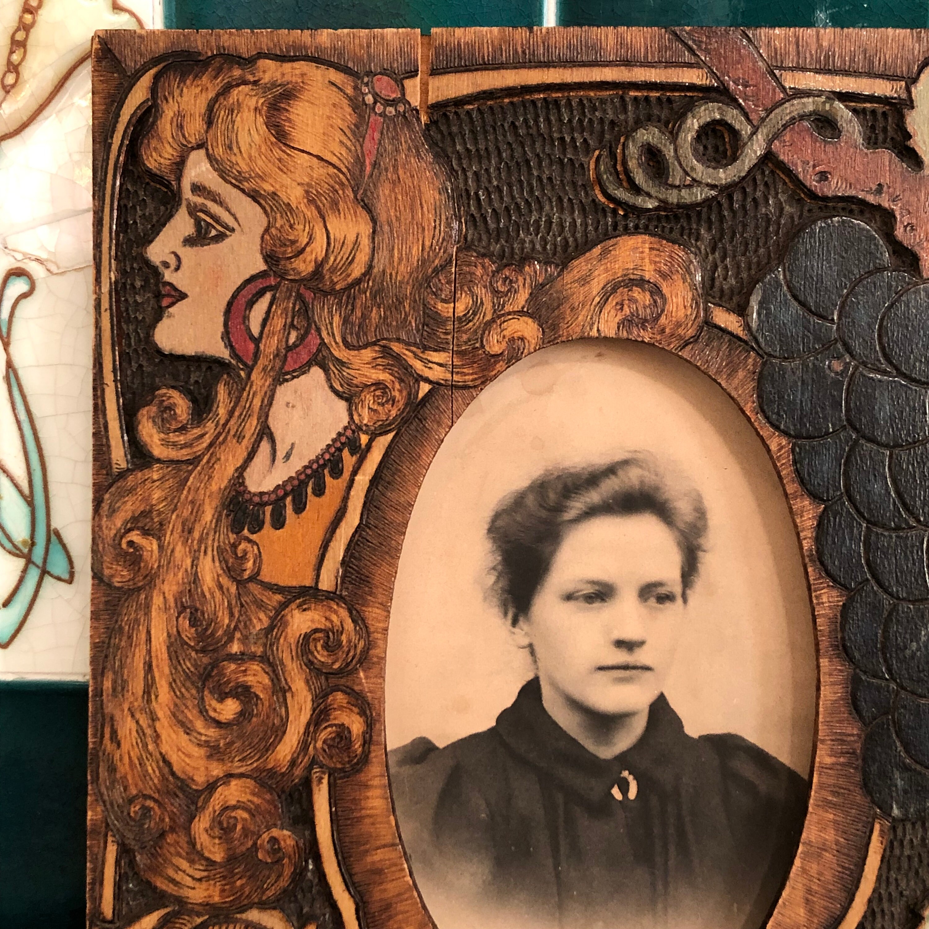 Antique 1890s Art Nouveau Era Pyrography Flemish Art Frame With ...