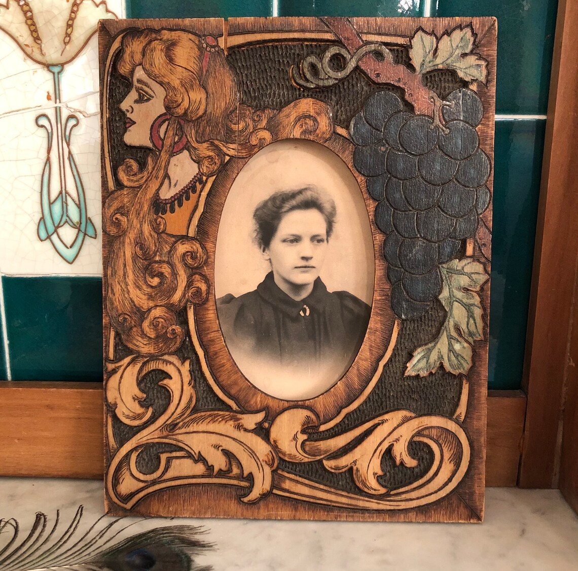 Antique 1890s Art Nouveau Era Pyrography Flemish Art Frame With ...