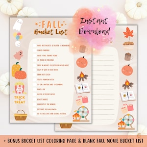 FALL BUCKET LIST printable - Digital Download with Fall Movie Bucket List, Family Fun Activity, Coloring Page, Instant Download