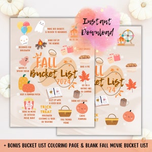 FALL BUCKET LIST printable 2024 - Digital Download with Fall Movie Bucket List, Family Fun Activity, Coloring Page, Instant Download