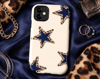 Leopard Star iPhone Case – Navy Blue & Cream – Chic Aesthetic Phone Case, Cool Design Style Cover