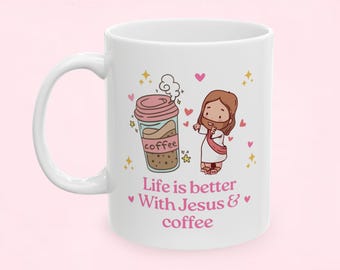 Cute Christian Mug, Jesus + Coffee Cup, Dessert Lover Gift, Fun Drinkware for Birthday, Christmas, Kitchen Decor