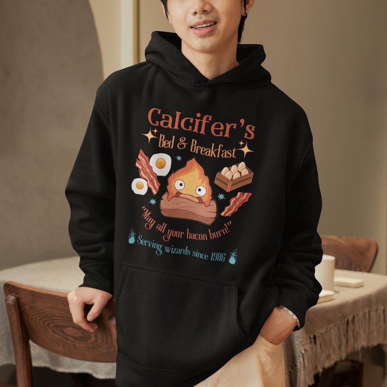 Calcifer's Bed and Breakfast Unisex Hoodie, Howl's Moving Castle Inspired Hoodie, Studio Ghibli Inspired Hoodie image 1