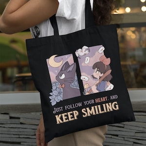 Kiki and Jiji &#39;Keep Smiling&#39; Quote Cotton Canvas Tote Bag, Kiki&#39;s Delivery Inspired Tote Bag