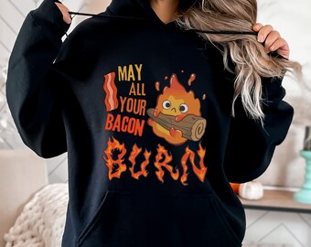 Calcifer "Må all din bacon brinna" unisex-luvtröja, Howl's Moving Castle-inspirerad luvtröja, Studio Ghibli-inspirerad luvtröja