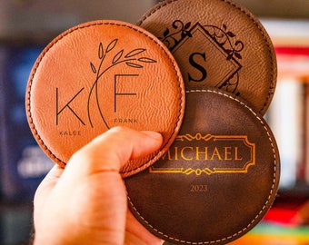 Custom Leather Coasters With Holder, Coaster Set, Personalized Leather Coaster, Housewarming Gifts, Cute Coasters, Round Coasters Engraved