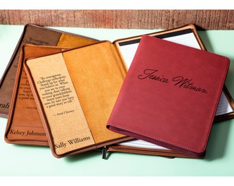 Personalized Vegan Leather Zipper Portfolio with Notepad, Laser Engraved