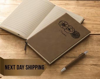 Birth Flower Journal, Personalized Flower Notebook, Birth Month Flower Journal, Custom Leather Journal For Her, Birthday Gift, Gift For Mom