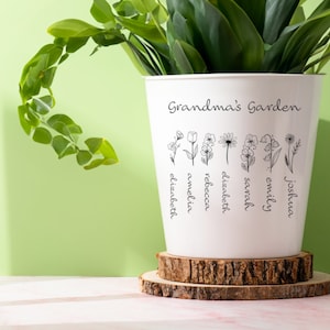 May include: White ceramic planter with the text "Grandma's Garden" and a line of flowers with names written underneath each flower. The names are Joshua, Emily, Sarah, Elizabeth, Rebecca, and Amelia.