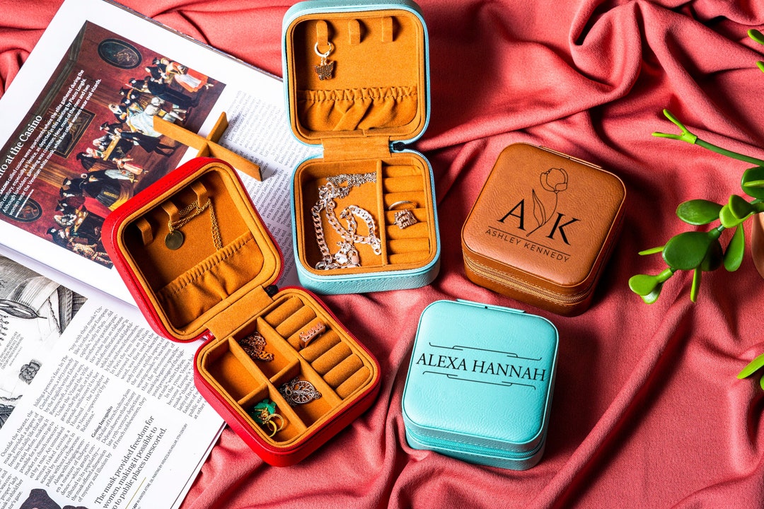 Vegan Leather Jewelry Case, Monogram and Name Engraving, Jewelry