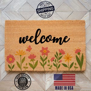 Floral Welcome Mat, Floral Patterned Doormat, New Home Gift, Outdoor Decor, Colorful Doormat, Welcome Text Doormat, Gift For Her