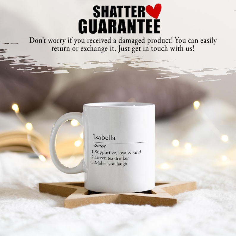 May include: White ceramic mug with a black design that says "Isabella noun 1. Supportive, loyal & kind 2. Green tea drinker 3. Makes you laugh"