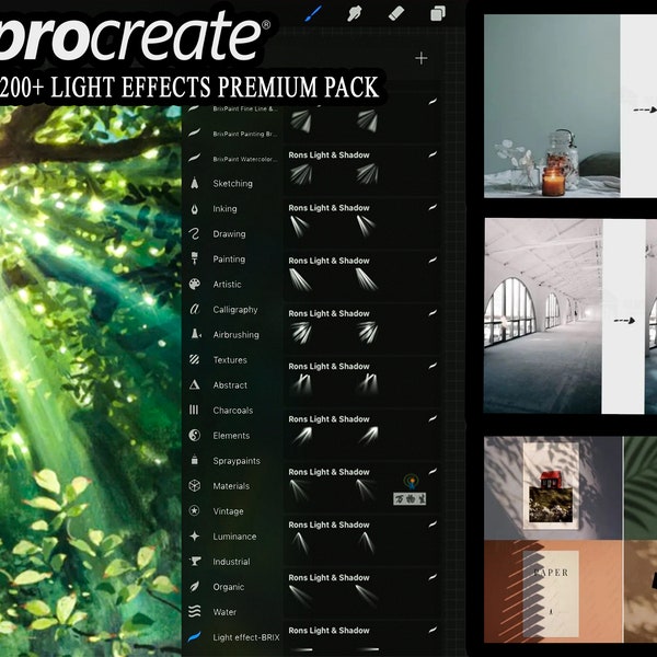 Pacchetto di oltre 200 effetti di luce per Procreate e Photoshop, raggi di luce solare, raggi di alone, pittura digitale, pubblicità, effetti di perdite di luce grafica
