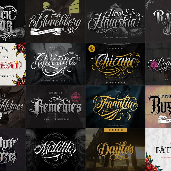 20 Premium tattoo-lettertypenbundel 7 | Aangepaste tatoeages ontwerpen, logolettertypen, Blackletter-kalligrafie, Photoshop-lettertype, Procreate-lettertype