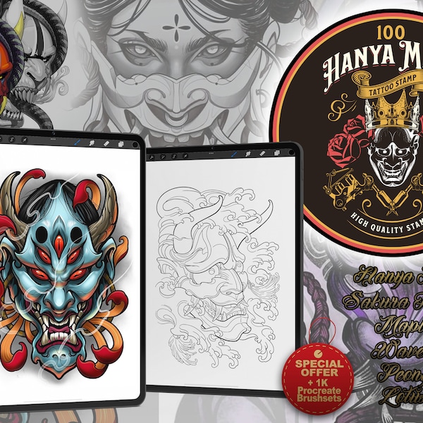 100 Premium Hanya Mask Tattoo Stamps | Peony, Waves, Lotus, Maple, Sakura Stamps | Hight Quality Procreate Stamp