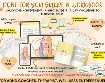 ADHD Workbook for ADHD Coach,Life Coach,Wellness Coach,ADHD Therapist,Psychologist,Brandable Canva Guide,Done For You Plr,Commercial Use