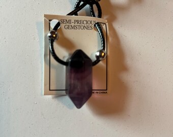Purple fluorite/steel/waxed cotton 1pkg1, double point necklace natural 16 inch / 2.5 inch extender chain/lobster claw clasp 28x13mm-33x15mm