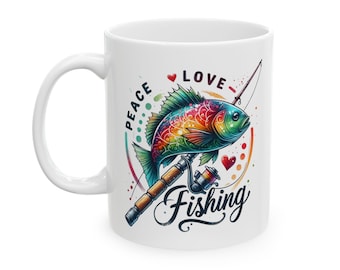 Taza de cerámica Peace, Love Fishing, (11 oz, 15 oz)