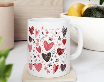 Taza de cerámica con corazones de San Valentín, regalo romántico de taza de café para ella, artículos para beber con forma de corazón de amor, 11 oz 15 oz, regalo de San Valentín, aniversario