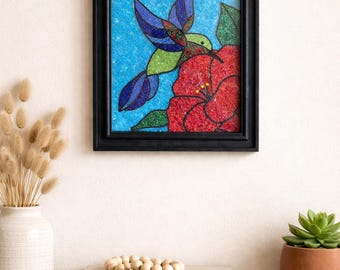 Handmade Hummingbird & Floral Mosaic Art – Framed Glass Bead Wall Or Desk Decor – Colorful Nature Inspired Artwork – Unique Gift - 8X10