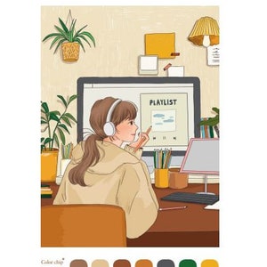 May include: A woman wearing headphones sits at a desk with a computer, a playlist on the screen, and a variety of pencils and pens. The desk is brown with a green plant in the background. The woman is wearing a beige sweater and has brown hair. The image has a colour palette of brown, beige, green, and grey.