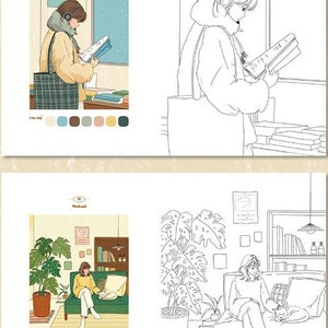 May include: Two colouring book pages featuring illustrations of people reading books. The first page shows a person reading a book in a bookshop. The second page shows a person reading a book in a living room. Both pages include a colour palette.