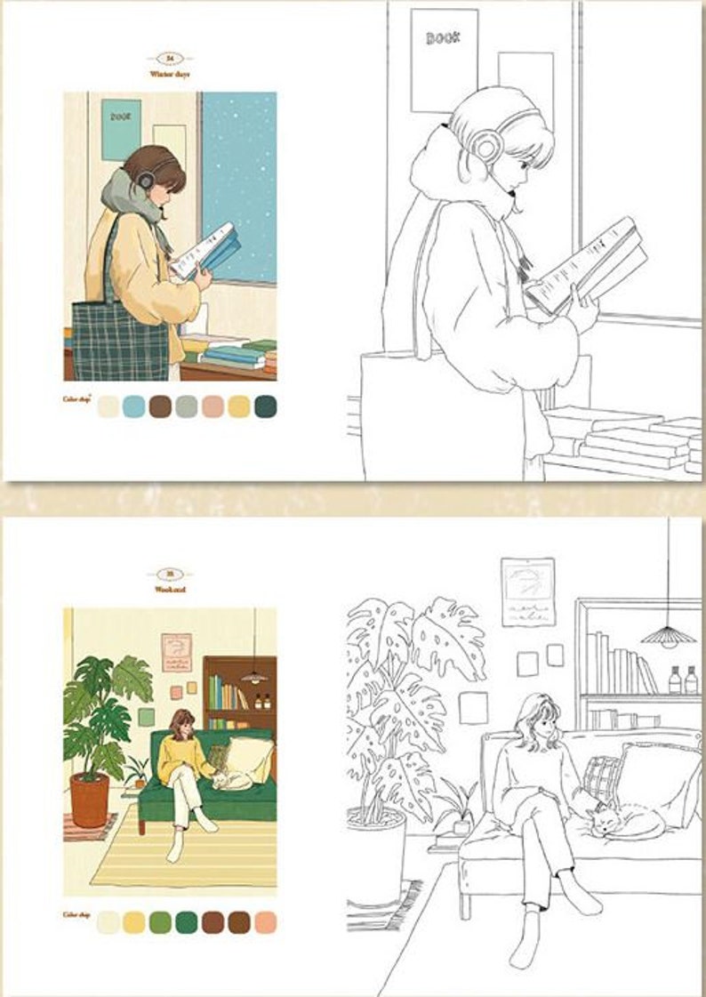 May include: Two colouring book pages featuring illustrations of people reading books. The first page shows a person reading a book in a bookshop. The second page shows a person reading a book in a living room. Both pages include a colour palette.