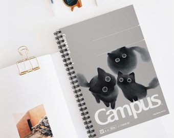 Speelse zwarte katten spiraalgebonden notitieboek | Gelinieerd dagboek