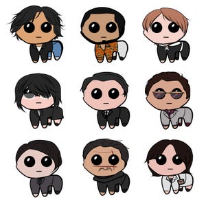 May include: Nine cartoon illustrations of figures with large eyes and stylized features. The figures are depicted in various outfits, including suits, jackets, and casual wear. The color palette is simple, with a focus on skin tones, black, and other accent colors.