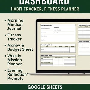 Puede incluir: Una descarga digital para un tablero de disciplina diaria de Google Sheets. El tablero incluye secciones para un diario de mentalidad matutina, un rastreador de estado físico, una hoja de presupuesto y dinero, un planificador de misiones semanales y sugerencias de reflexión vespertina. El texto "GOOGLE SHEETS SELF IMPROVEMENT FOR MEN DIGITAL DOWNLOAD" se muestra en la imagen.