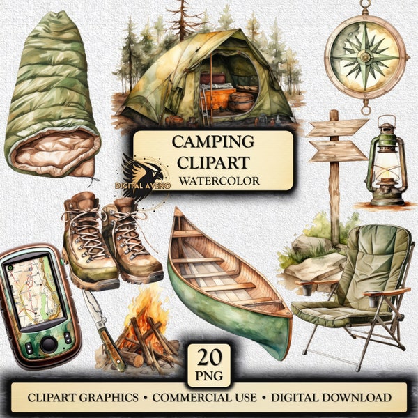 Watercolor Camping Clipart - 20 PNG Images, Campsite Illustrations, Vacation clipart, Holiday clipart, Planner clipart, Digital Download