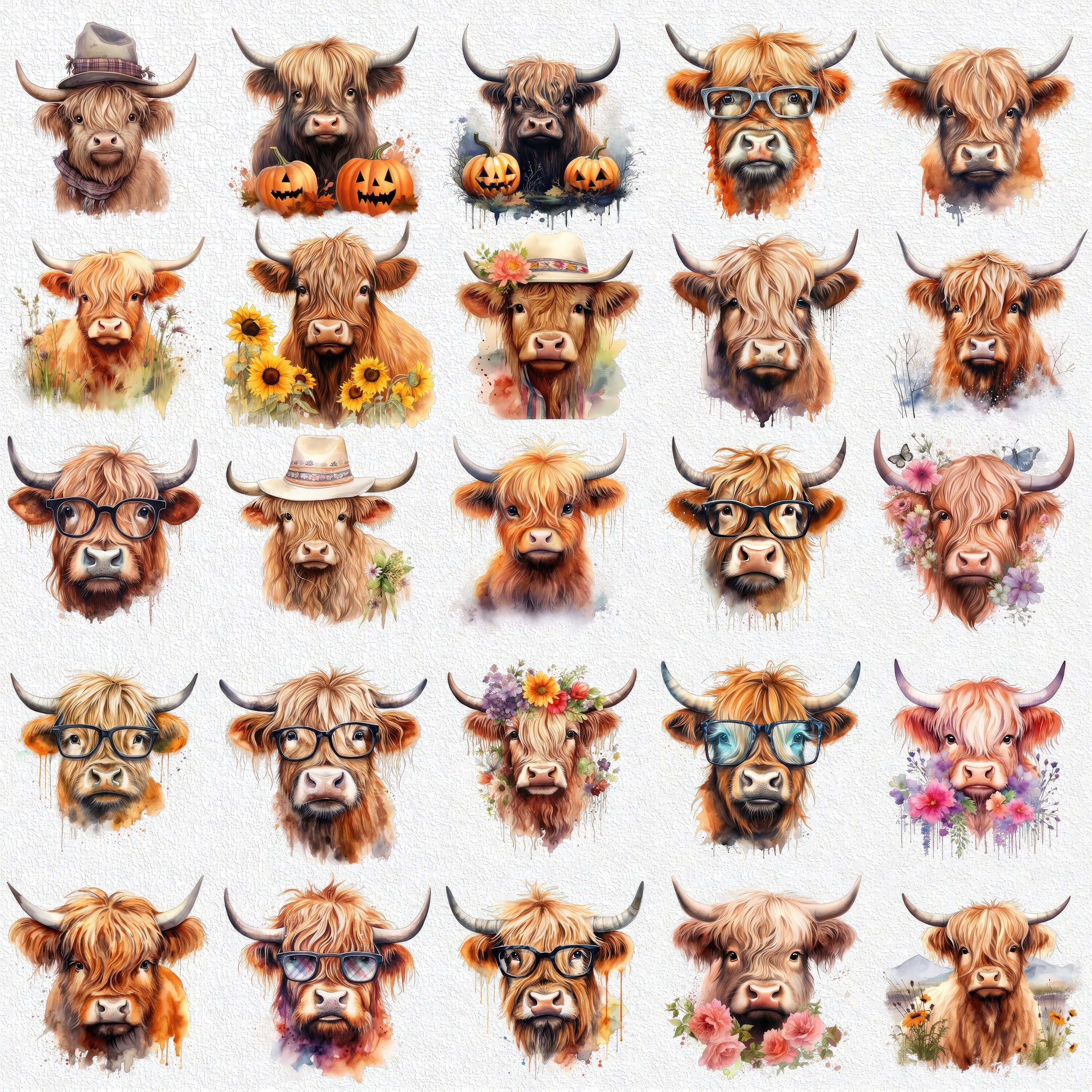 Highland Cow Watercolor Clipart: 25 PNG, Boho Farm Animal Digital Art ...