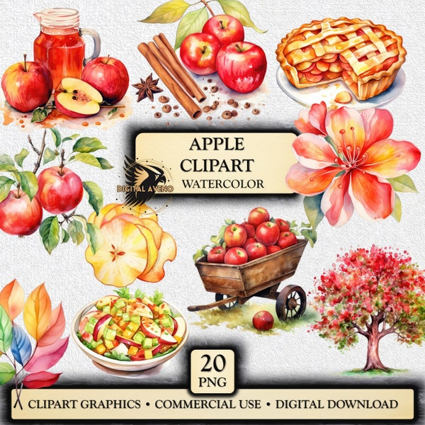 Watercolor Apples Clipart - 20 PNG Images, Watercolor Apple Graphics, Digital Download