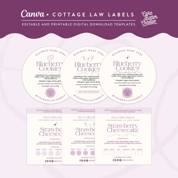 Canva Cottage Law Labels, Bakery Packaging Labels Template, Cake Ingredients Labels, Cookies Packaging Labels, Home Bakery Stickers - SE01